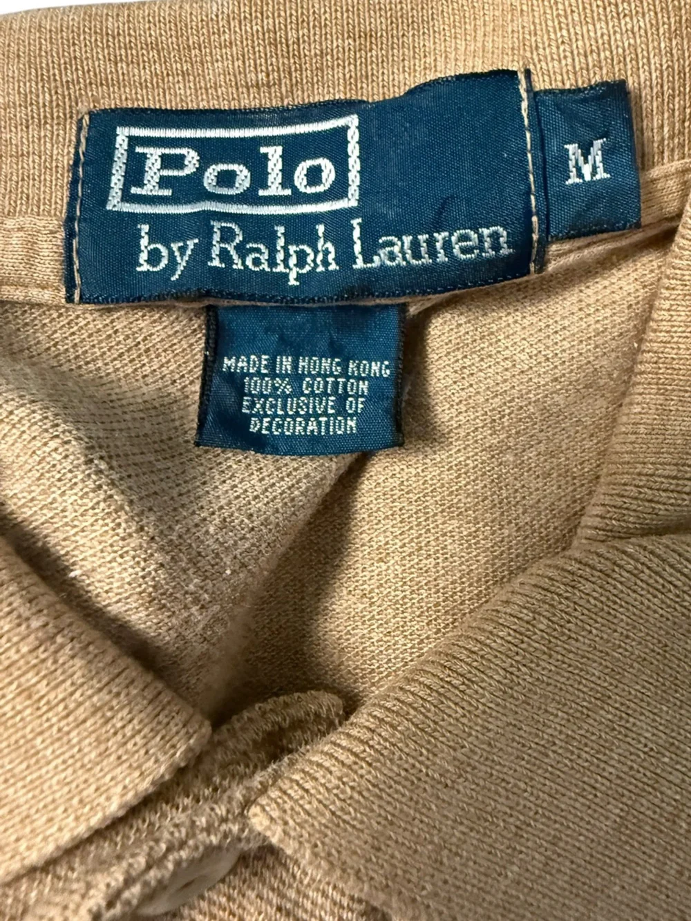 Polo Ralph Lauren Vintage Tan Beige Pique Knit Polo Shirt Green Pony Size M